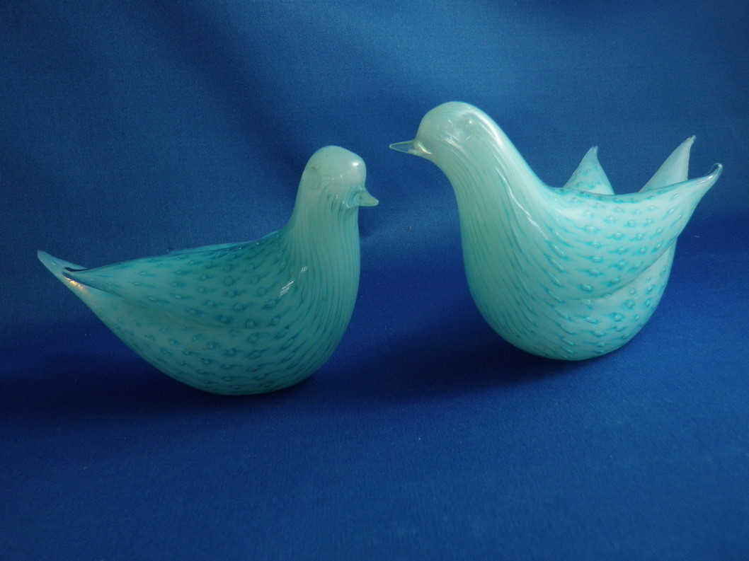 Pair 2 Vintage Blue Stretched Murano Glass Love Birds
