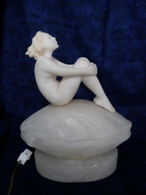 1920s Art Deco Nude Female Marble Sculpture Seashell Table Lamp