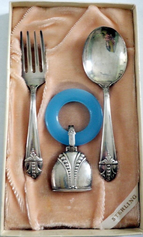 Art Deco Silver 3 pc Baby Christening Set Original Box Signed Amcraft