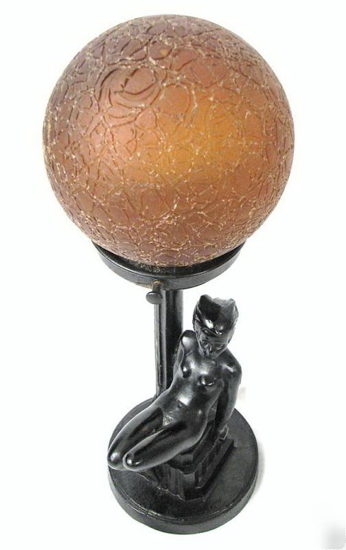 Art Deco Naked Woman Lamp w/ amber globe shade