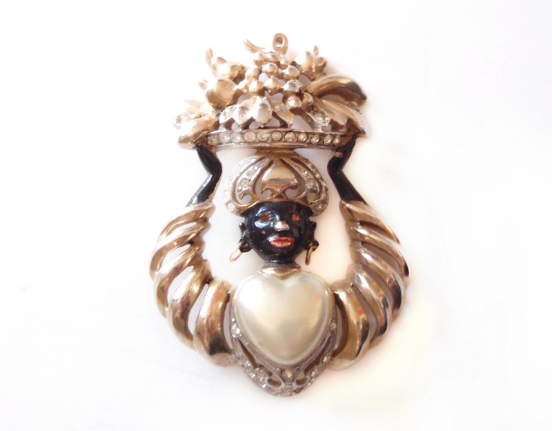 RARE Reja Blackamoor Enamel Faux Pearl Rhinestone Brooch
