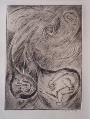 Art Deco Sgd M. Miller 1938 Cosmic Birth of Humanity Framed Etching