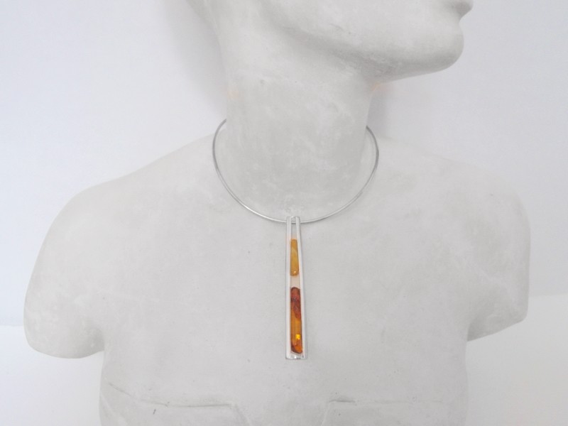 Artisan Baltic Amber Silver Modernist Long Bar Necklace