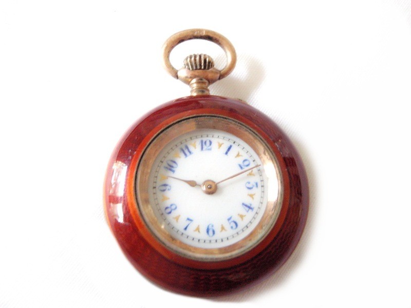 British Red Enamel and Porcelain Ladies Pocket Watch 