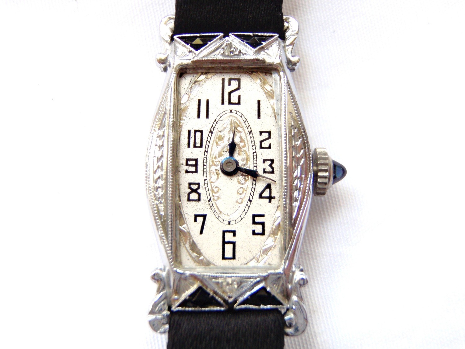 1920's Art Deco Ladies 14k White Gold Sapphire Etched Dial Watch