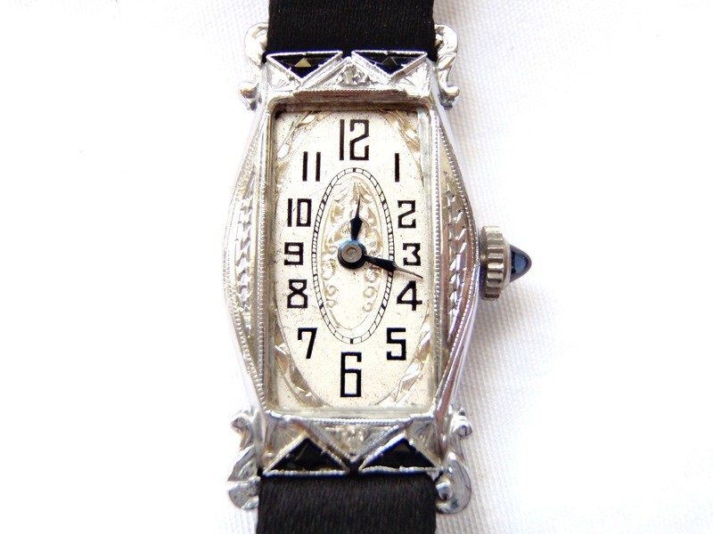 1920&#39;s Art Deco Ladies 14k White Gold Sapphire Etched Dial Watch