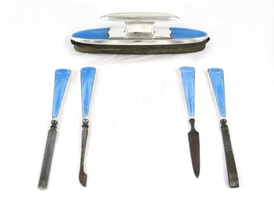 Art Deco Silver Blue Guilloche Manicure Set