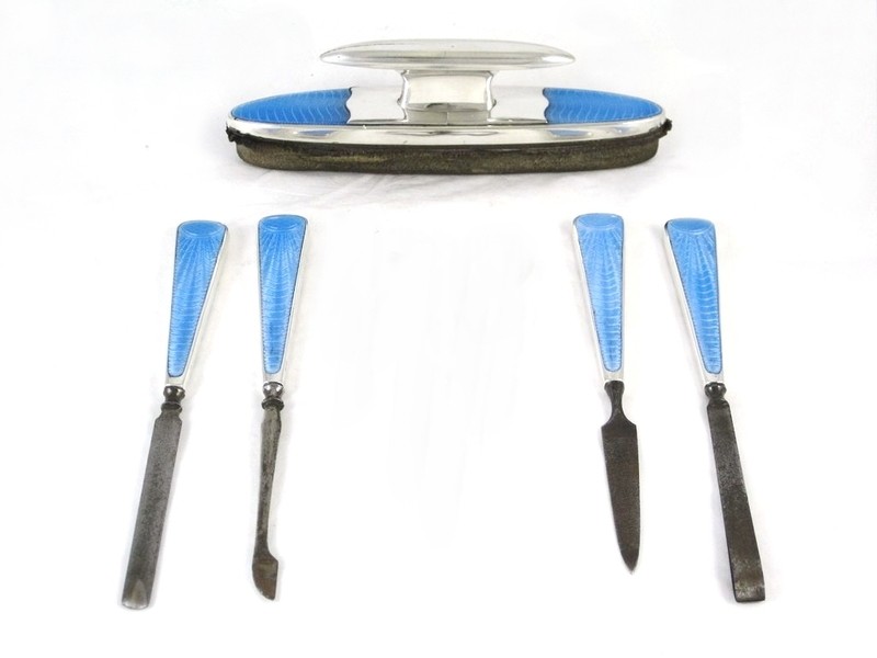 Art Deco Silver Blue Guilloche Manicure Set