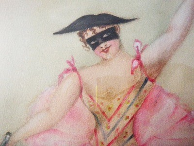 1893 Mardi Gras  Harlequin Watercolor Painting 