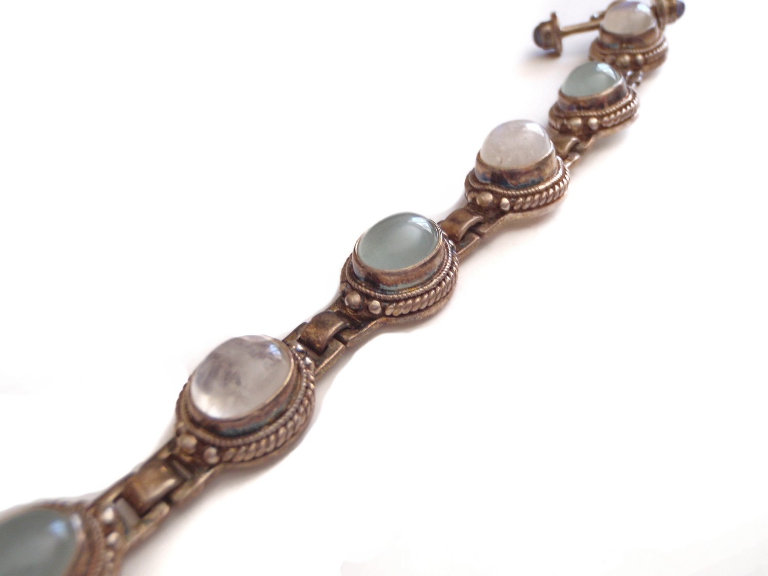 Vintage Chalcedony and Moonstone Silver Hinged Link Bracelet