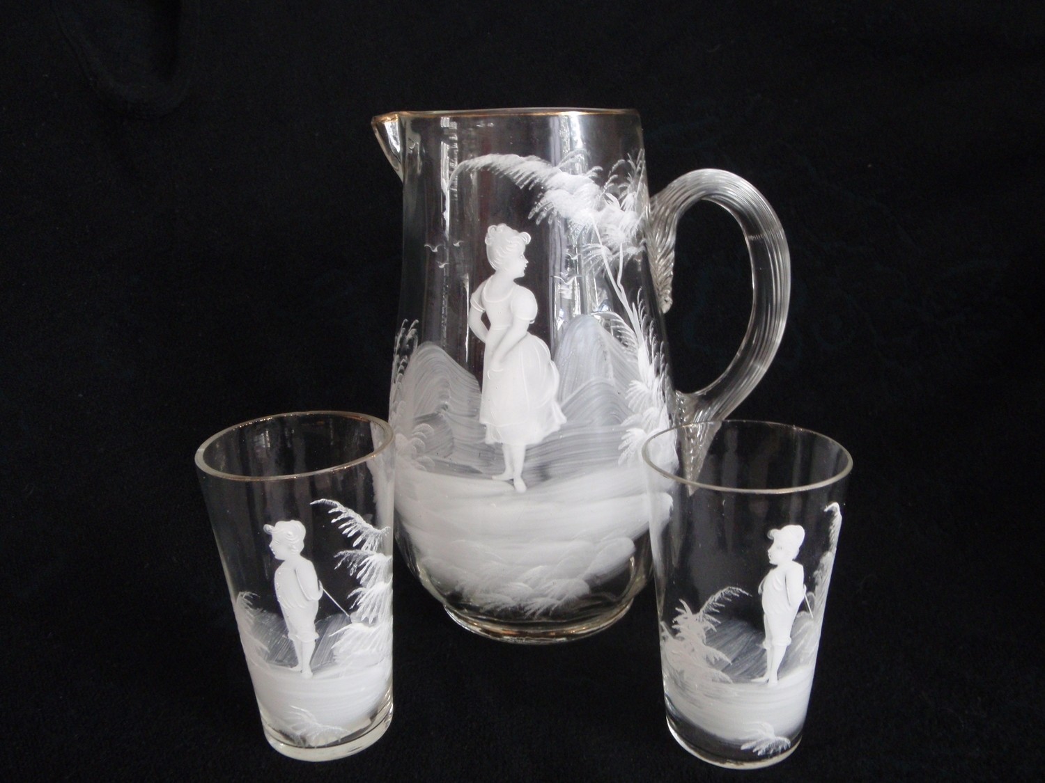 Mary Gregory Water Lemonade Pitcher 6 Glasses Children Playing