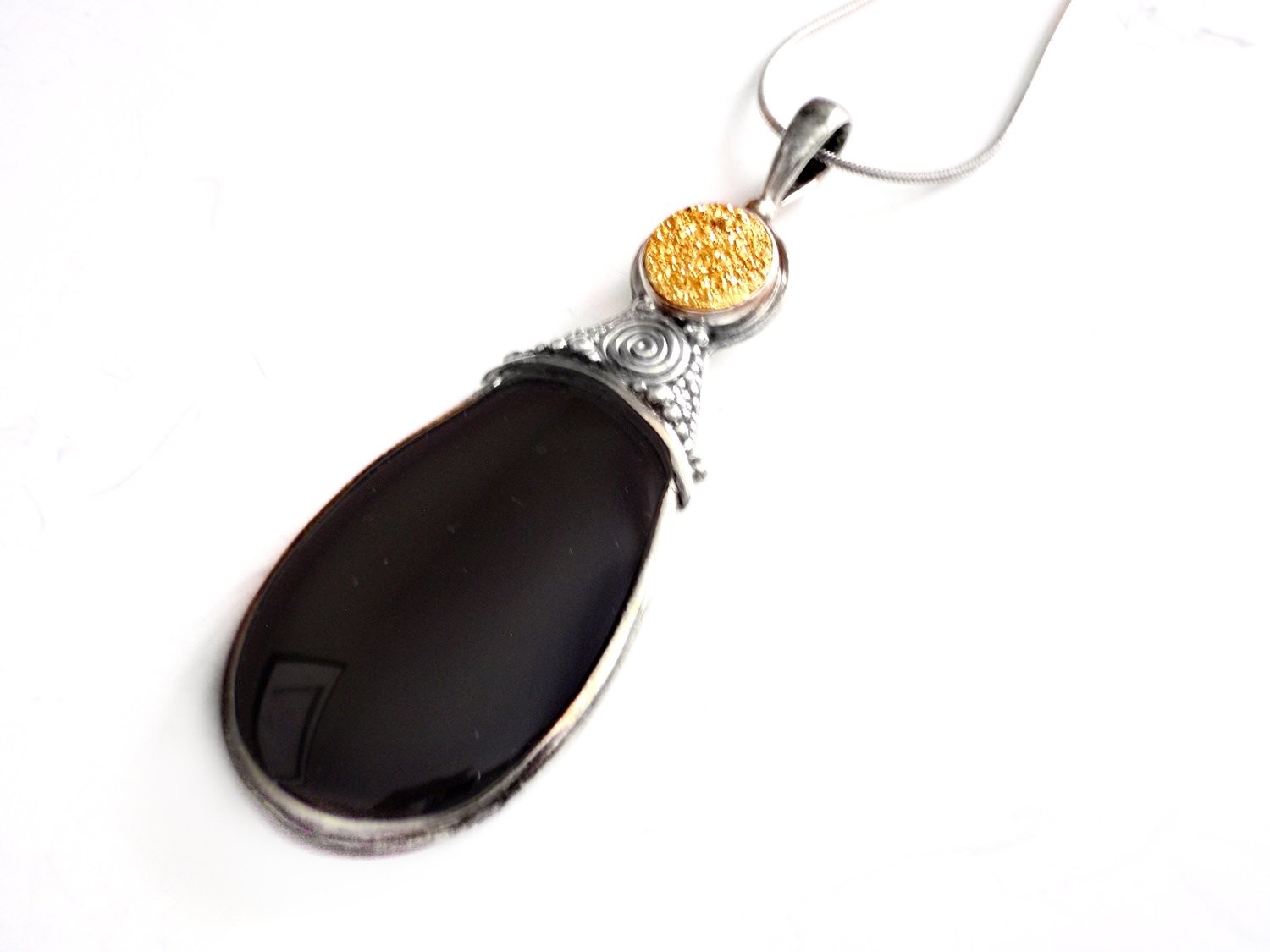 HUGE Teardrop Onyx and Pyrite Druzy Drusy Sterling Pendant