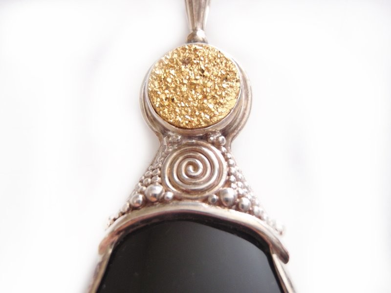 Gold Druzy Silver and Onyx Necklace