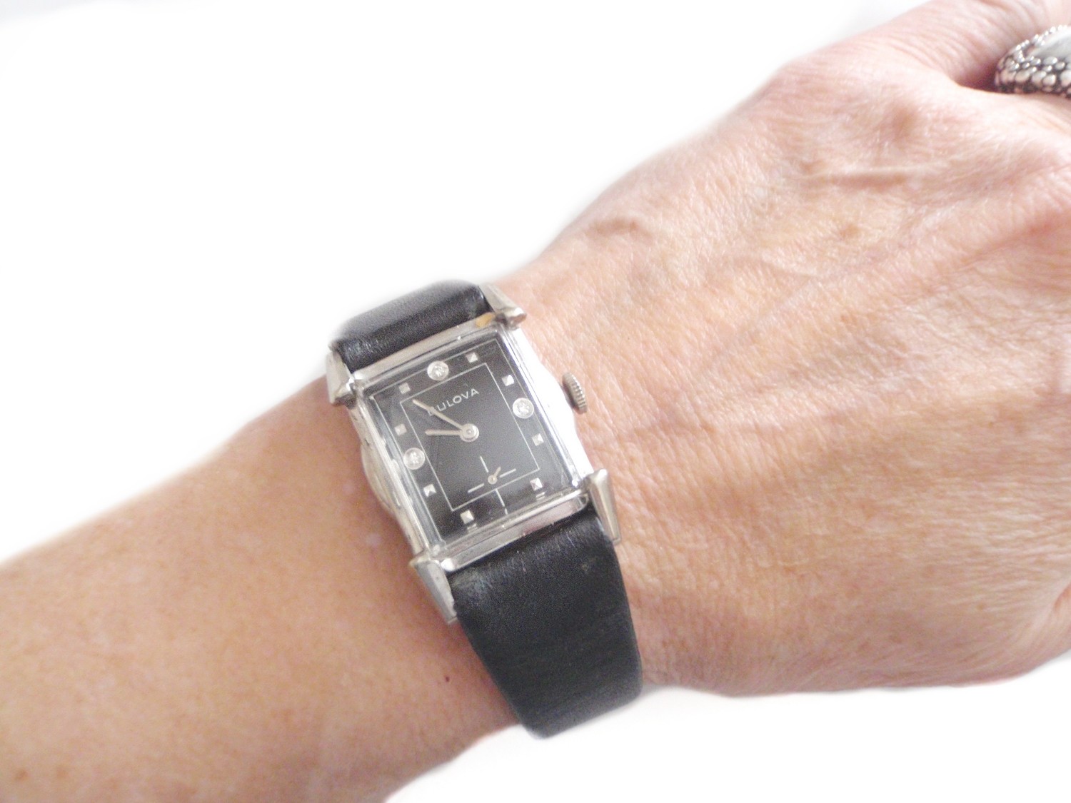 1953 Bulova Watch Diamonds, Black Dial and Sculpted Case