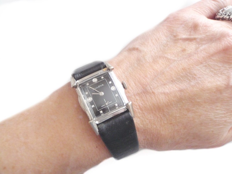 1953 Bulova Watch Diamonds, Black Dial and Sculpted Case