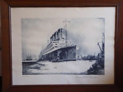 Antique Cunard R.M.S. Aquitania Lithograph by Frank H. Mason  Cunard Lines Oak Frame
