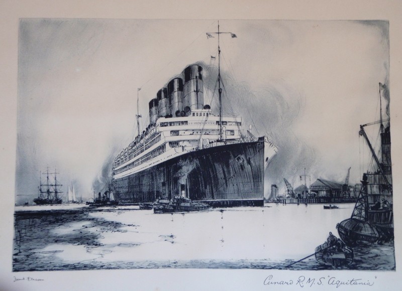 Cunard Lines Lithograph in Original Oak Frame 