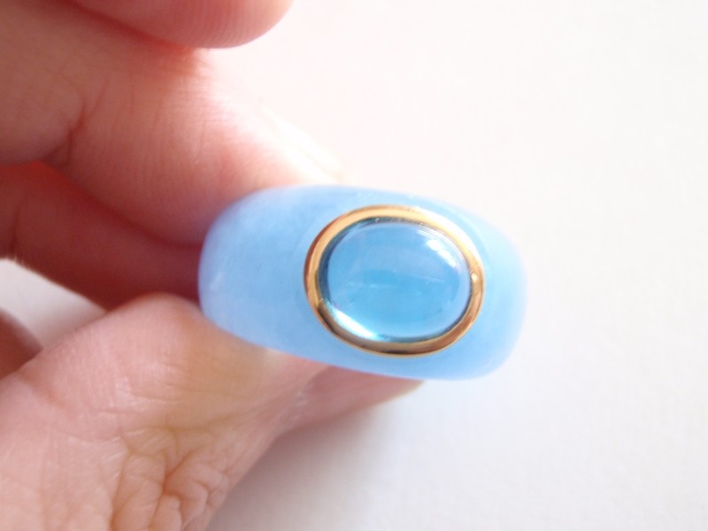 Blue Jade and Aquamarine Cabochon Ring 14k Gold Band