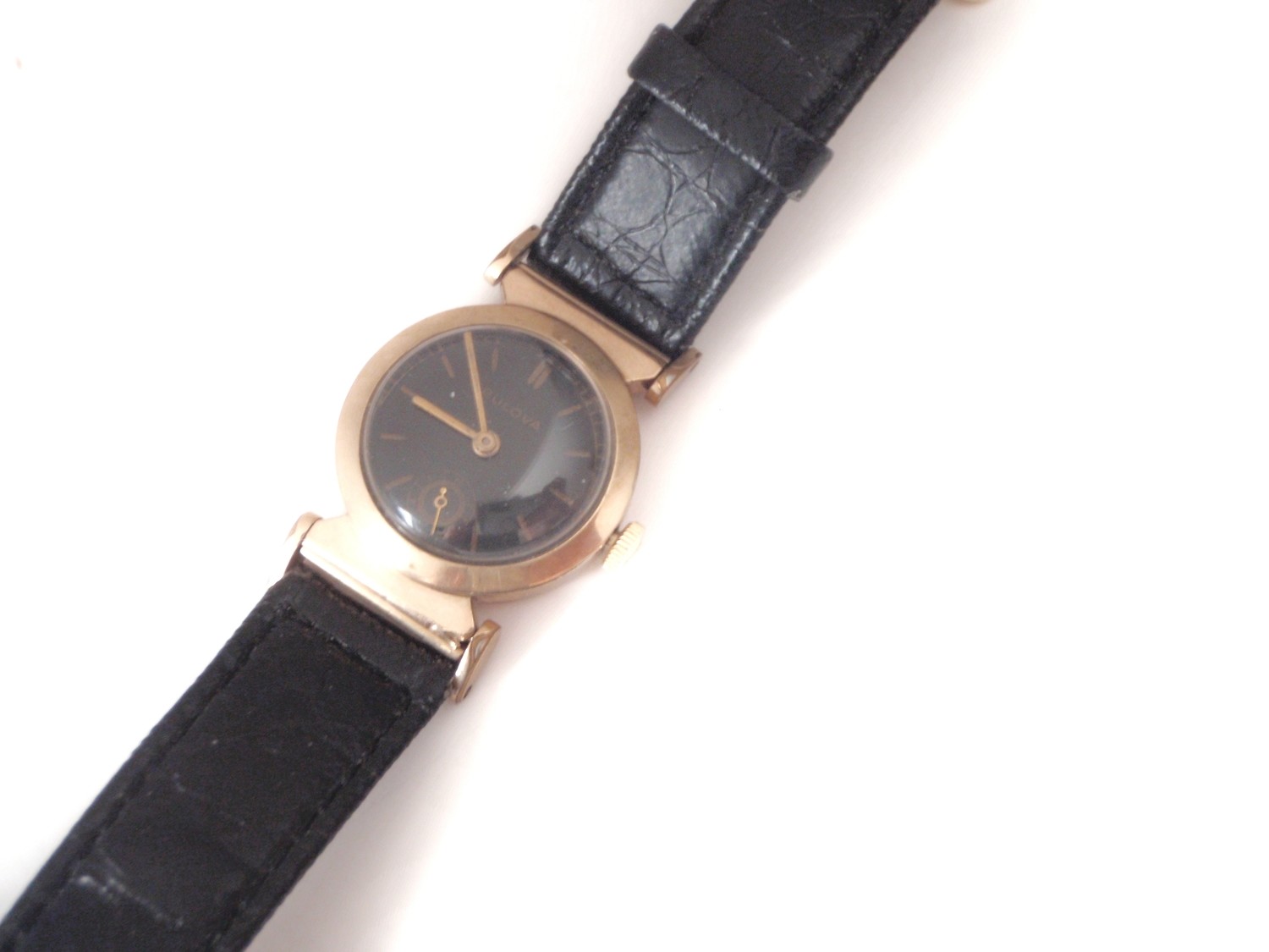Art Deco 1930's Bulova  Watch Hinged Lugs Black Enamel Dial and Applied Numbers