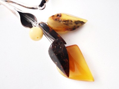 Mid Century Baltic Amber Leaves and Silver Necklace 