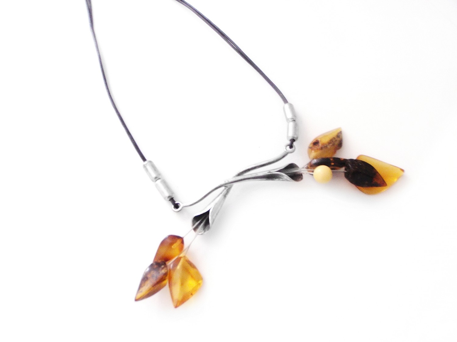 Mid Century Baltic Amber Leaves and Silver Necklace 