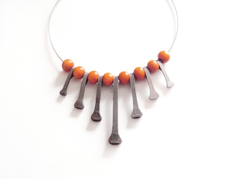Mid Century Brutalist Wood Metal Necklace on Hard Wire Chain
