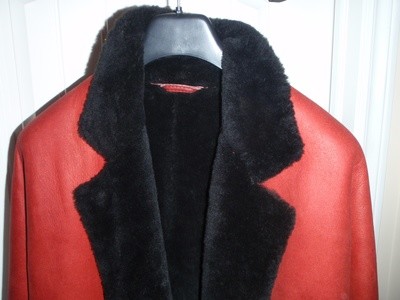 1980's Burberry's Coat, Red Leather and Black Shearling Lamb Fur, Vintage Burberry Jacket
