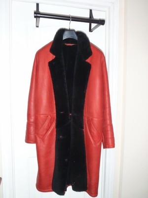 1980&#39;s Burberry&#39;s Coat, Red Leather and Black Shearling Lamb Fur, Vintage Burberry Jacket