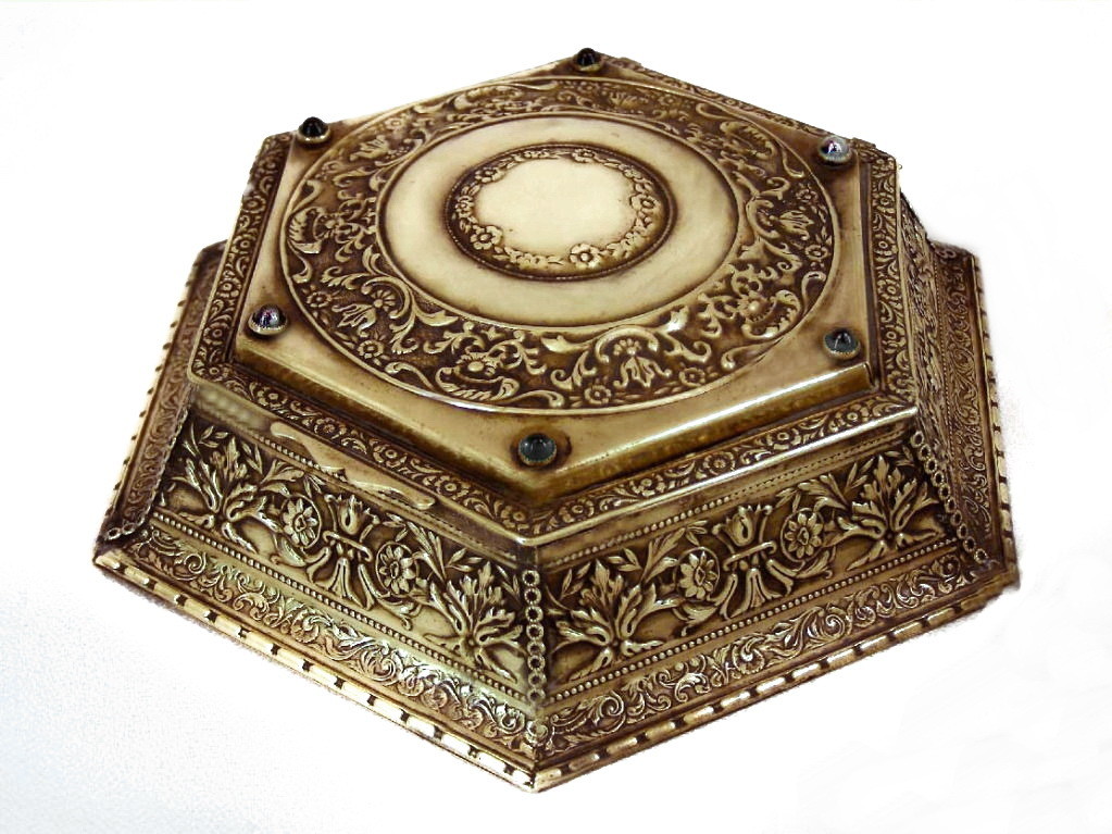 1800's French Ormolu Bronze Repousse Jewelry Casket Trinket Box Glass Stones