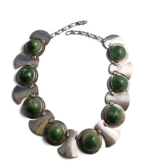 Taxco Silver and Large Green Agate Cabochon Necklace