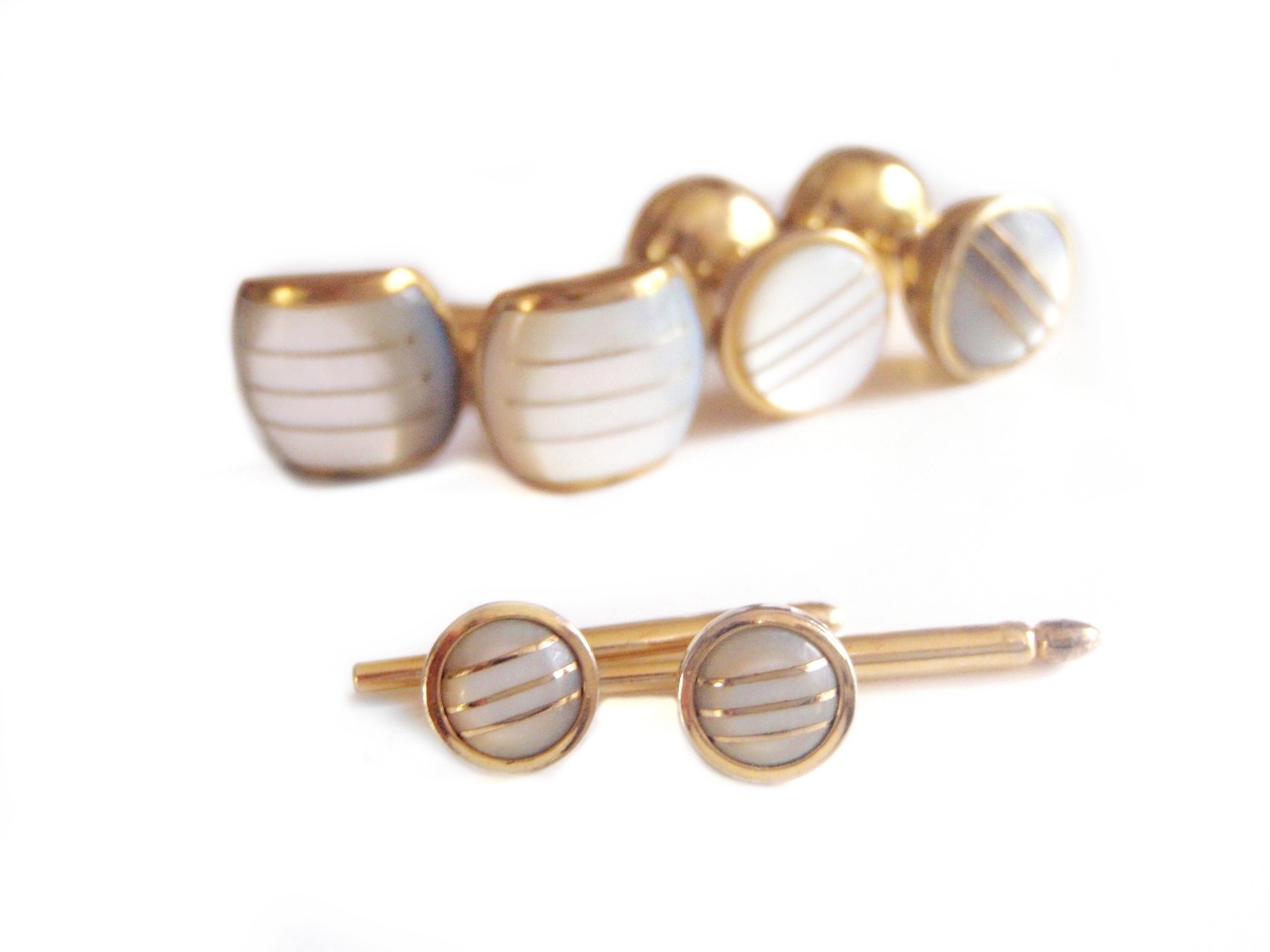 Mid Century Dante Tuxedo Cuff Links Stud Set MOP Inlaid Brass