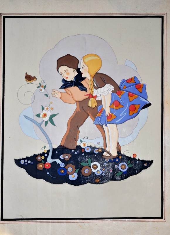 Art Deco Dutch Children Watercolor Painting 1920s Nursery Home Decor