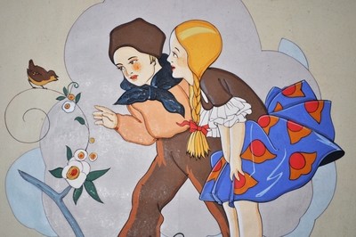 Genuine Art Deco Watercolor Painting - Children in the Garden