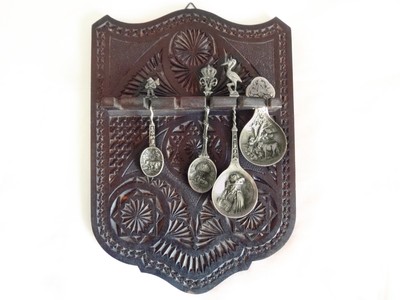 Antique Euro Frisian Carved Spoon Display 4 Souvenir Spoons