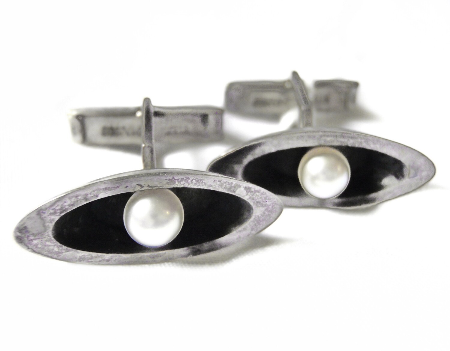 1960s Modernist Sterling Silver and Pearl Sg'd Cuff Links