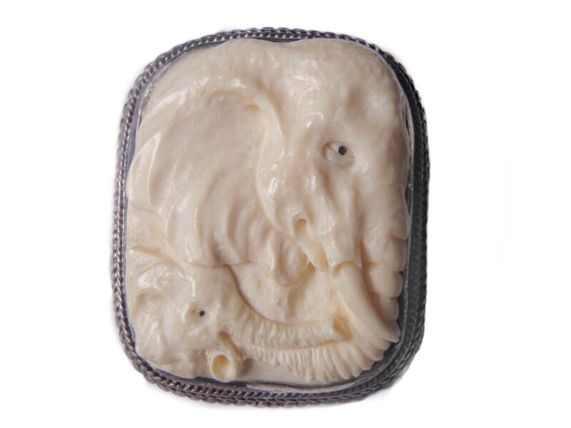 Antique Anglo Indian Ivory Brooch and Pendant of Elephant and Calf