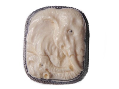 Antique Anglo Indian Ivory Brooch and Pendant of Elephant and Calf