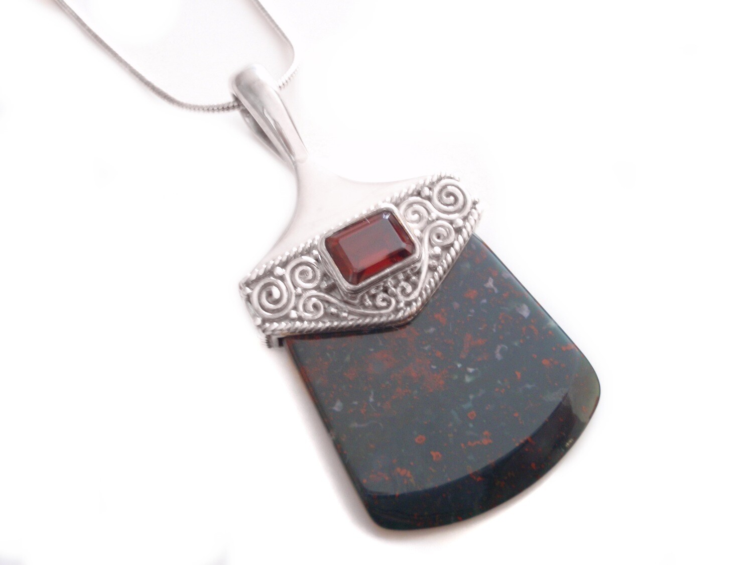 Vintage Bloodstone and Garnet Silver Pendant and Chain