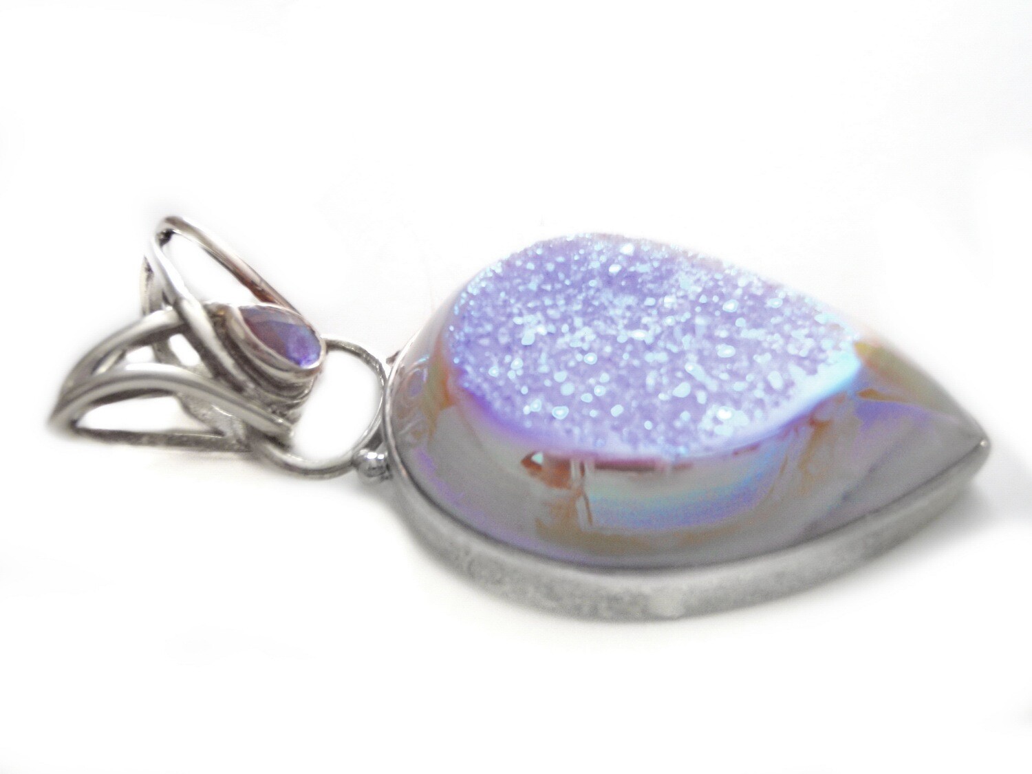 Large Agate Druzy Silver Pendant with Beautiful Mystic Topaz Bail