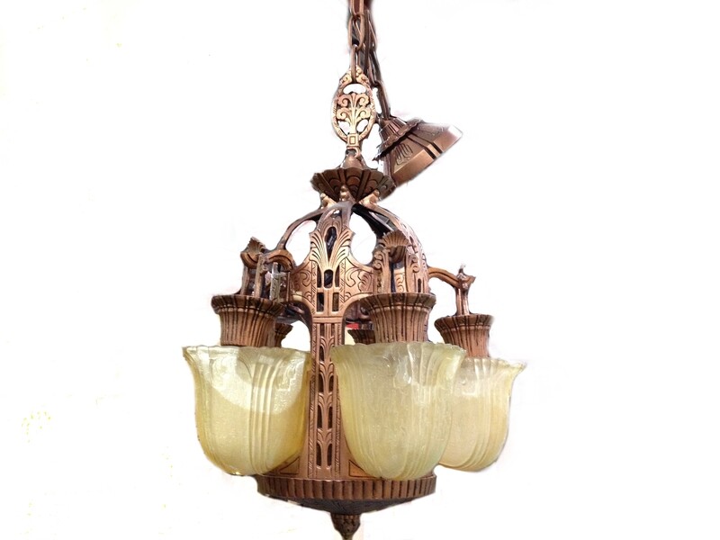 Art Deco 5 Slip Shade Chandelier 1920s Ceiling Lighting