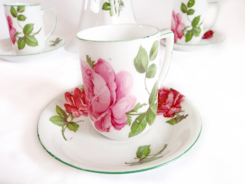 Antique Austrian Porcelain Chocolate Pot with 6 Cups and Saucers