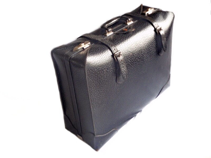 1930&#39;s McBrine Black Saddle Leather Luggage Suitcase Travel Bag