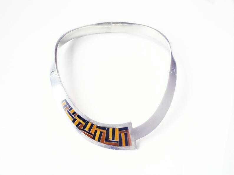 Taxco Silver Tiger Eye Onyx Hinged Necklace