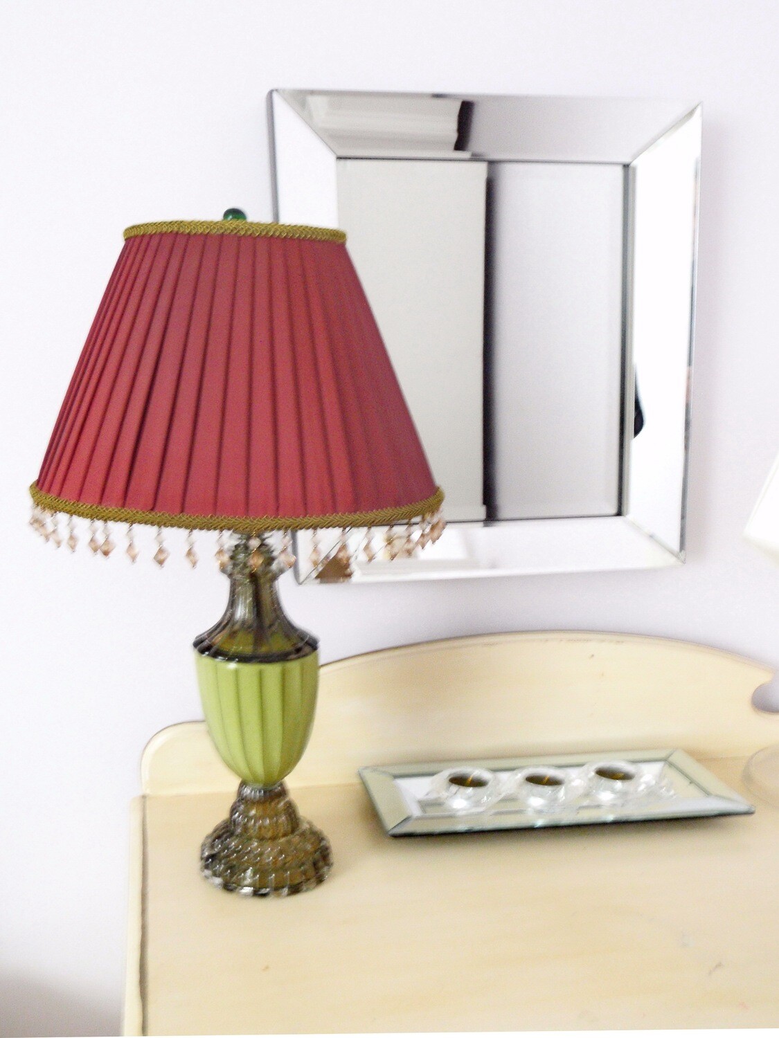 Art Deco 1930s Table Boudoir Lamp Chartreuse Base Red Pleated Shade with Beading
