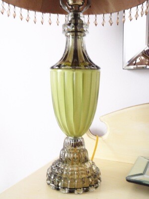 Art Deco 1930s Table Boudoir Lamp Chartreuse Base Red Pleated Shade with Beading