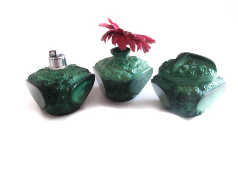 3 pc Art Deco Malachite Vanity Set Czech Schlevogt Ingrid Bohemian Glass