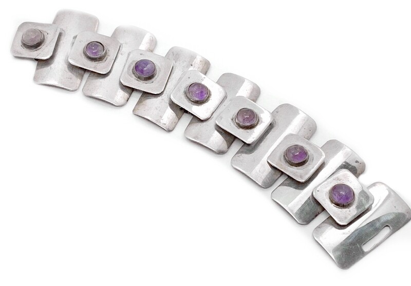 RARE 1930s Taxco Mexico Silver Amethyst Wide Link Bracelet