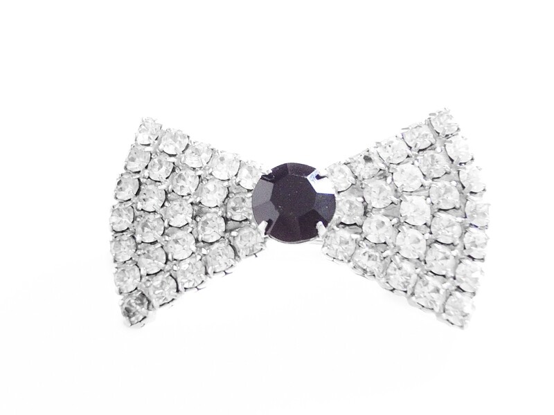 Vintage 1980&#39;s Bow Tie Brooch Clear and Black Rhinestones
