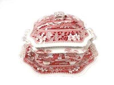 3pc Spode Pink Tower Sauce Boat Gravy w Underplate Pink Red Transferware Server