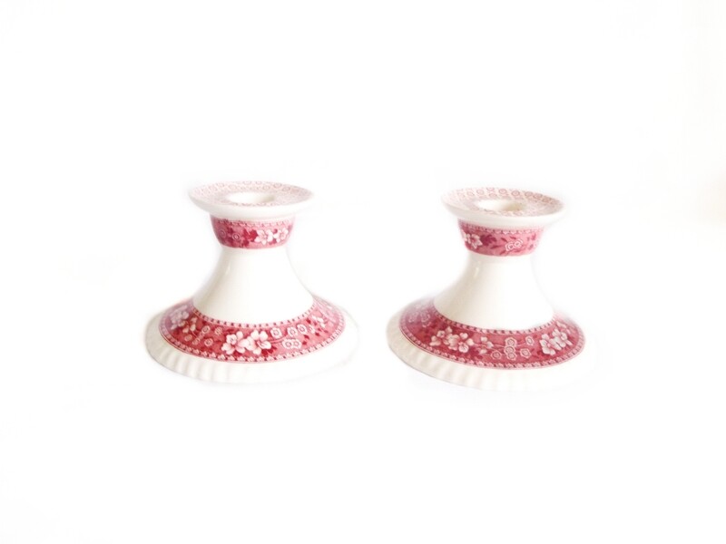 RARE Spode Pink Tower 2 Candleholders Pink Red Transferware Server